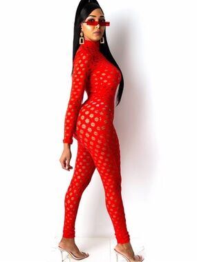 Red Cutout Mesh Long-Sleeve Jumpsuit